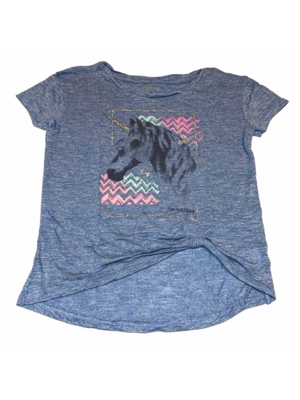 SO‎ Girls Unicorn Graphic Tie Front Top Blue Marled Be Unique Tee Size 7/8